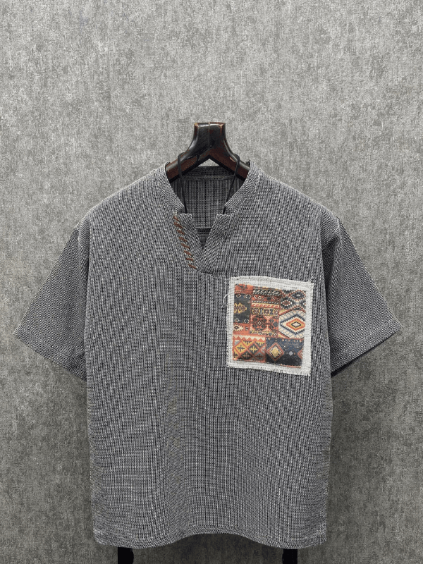 Oversize Bohem El İşi Detaylı Yıkamalı Antrasit Pamuk Keten Tshirt