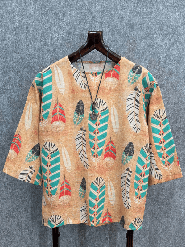 Oversize Desenli Pamuk Keten Bohem Tshirt
