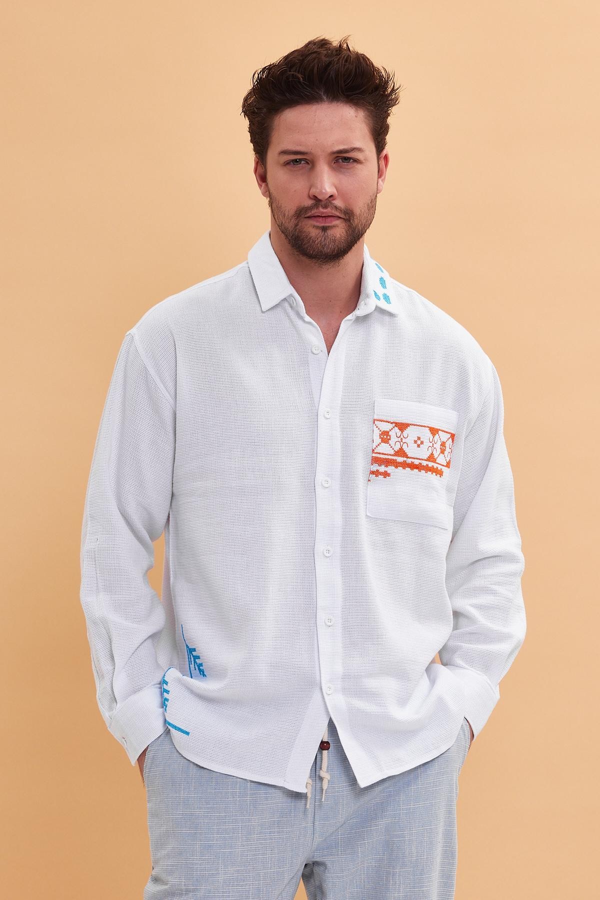 Oversize Authentic  Nakış Detaylı Bohem Pamuk Keten Beyaz  Gömlek