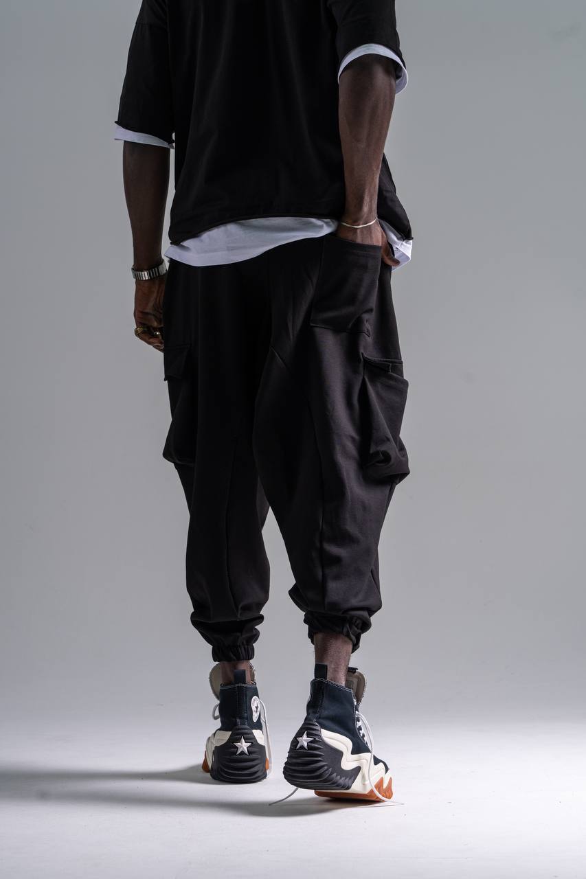 Beli Lastikli Kargo Cepli Siyah Şalvar