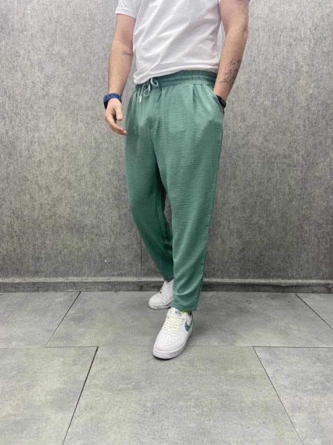 Rahat Kalıp  Beli Lastikli Bilek Paça Pamuk Viscon Yeşil Pantolon
