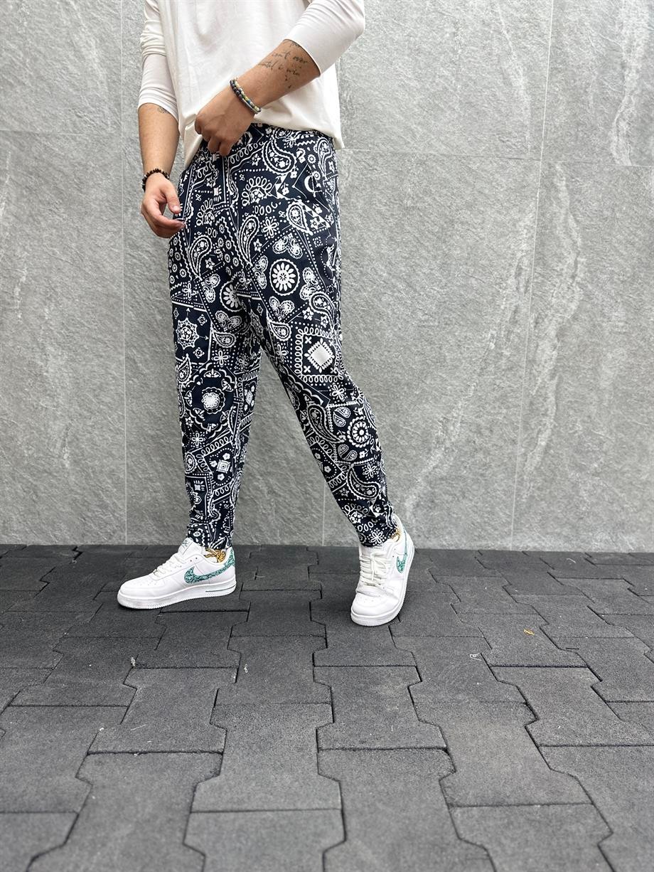 Beli Lastikli Aztek Desenli Baggy Pantolon
