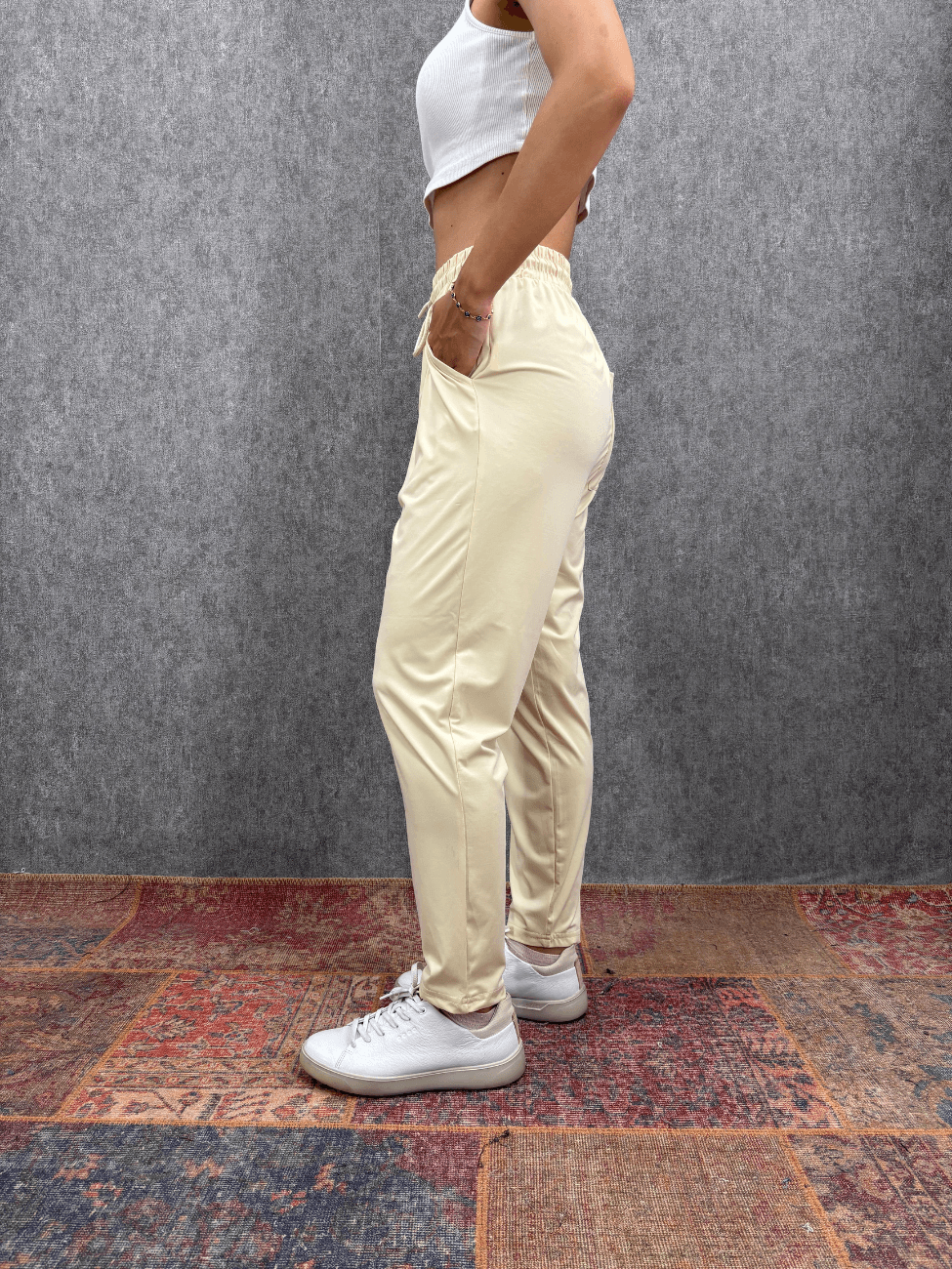 Beli Lastikli Micro Krem  Pantolon