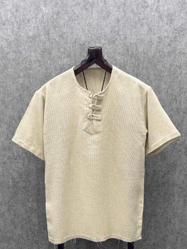 Oversize Bohem Yıkamalı Pamuk Keten Bej Tshirt