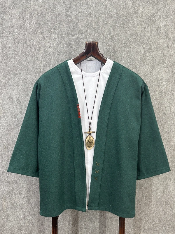 Oversize Fakir Kol Pamuklu El İşi Detaylı Zümrüt Kimono