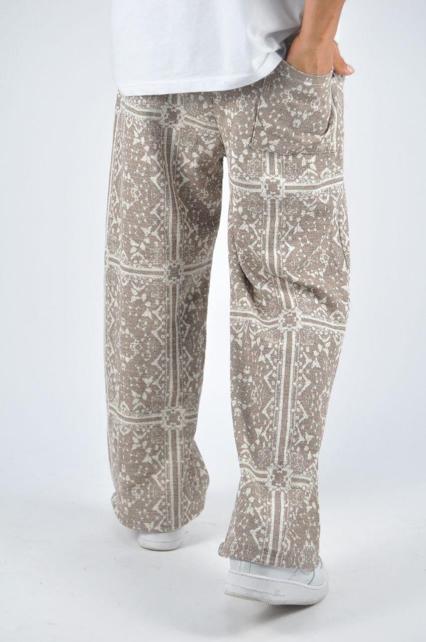 Beli Lastikli Paça Stoperli Aztek Desenli Pamuklu Baggy Pantolon