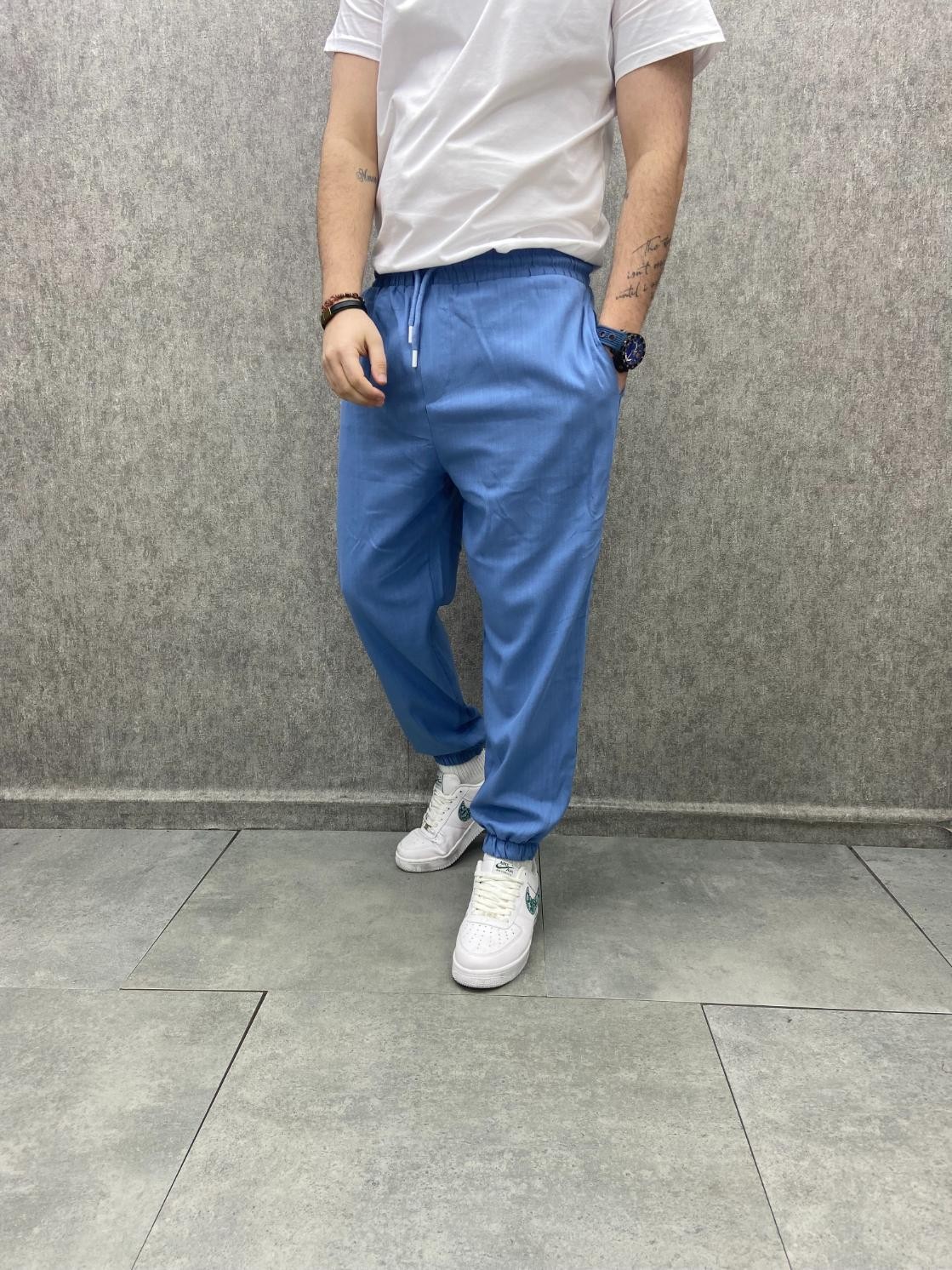 Rahat Kalıp Bel ve Paça Lastikli Pamuk Dokuma Mavi  Jogger
