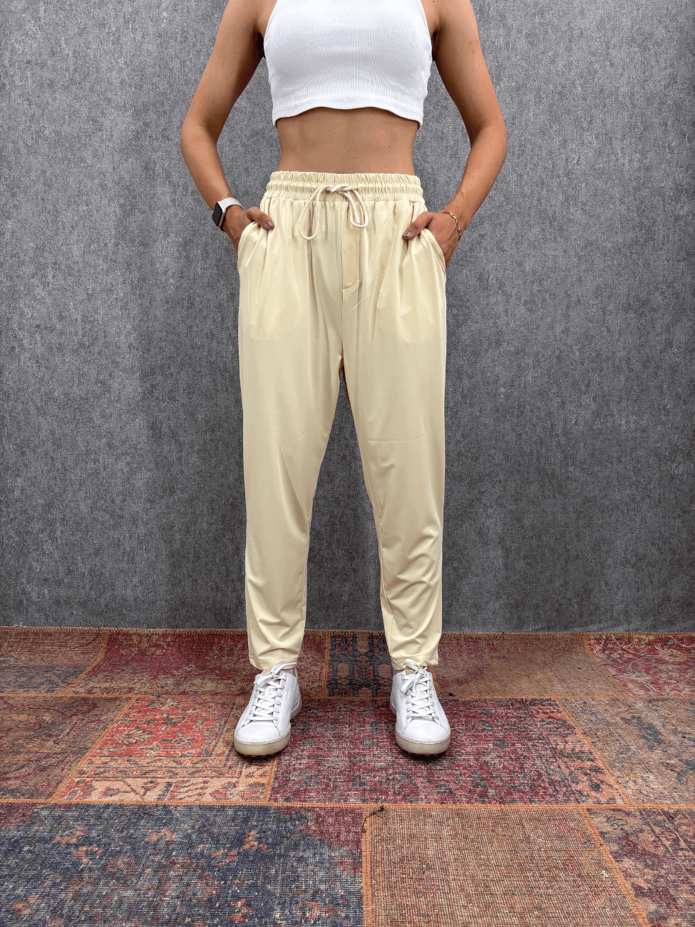 Beli Lastikli Micro Krem  Pantolon