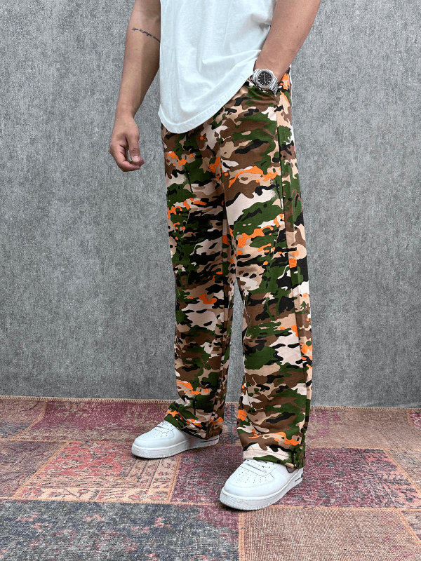 Beli Lastikli Boru Paça Desenli Baggy Pantolon 