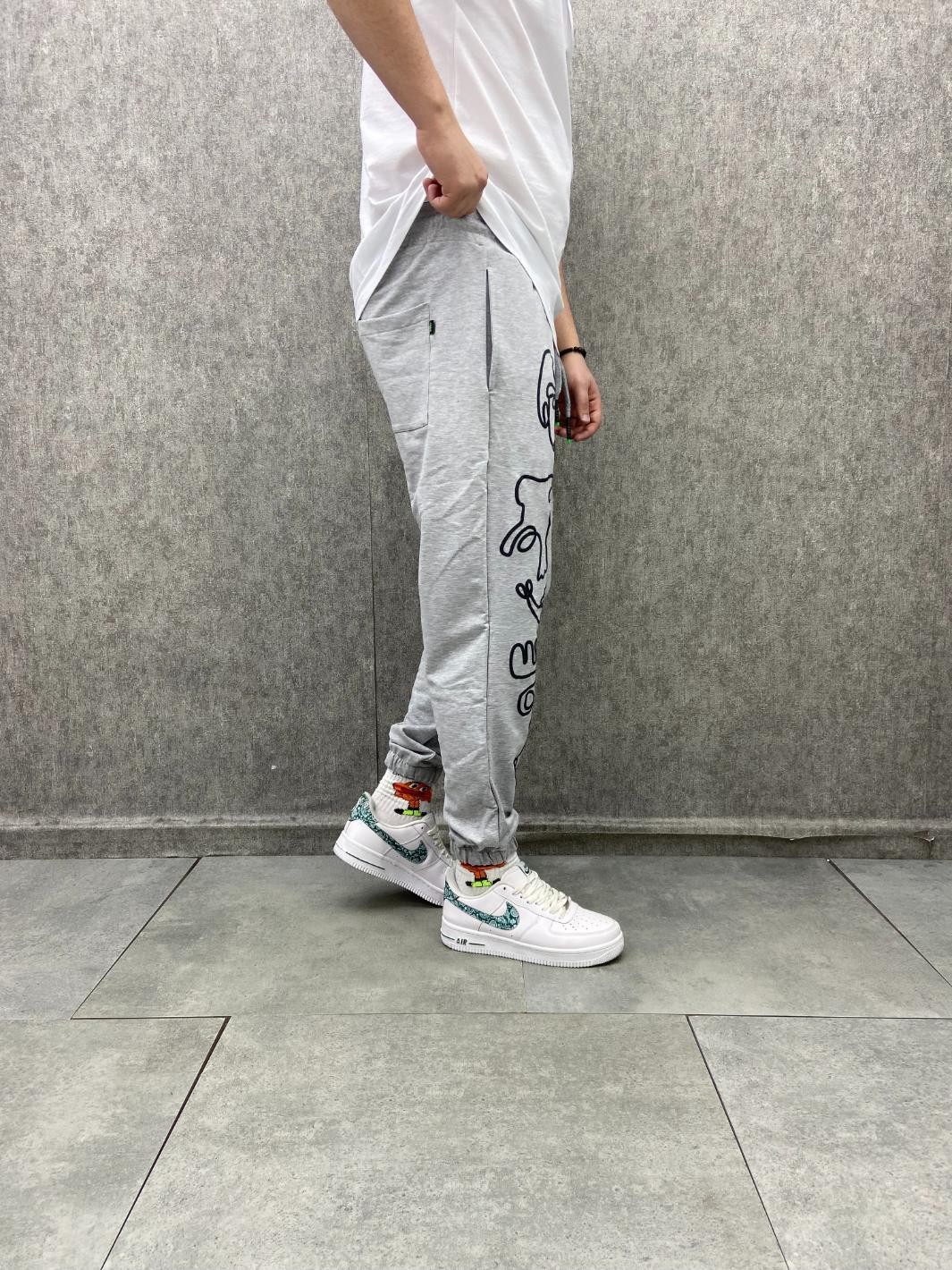 Bel ve Paça Lastikli Figure Baskılı Pamuk Örme Gri Jogger