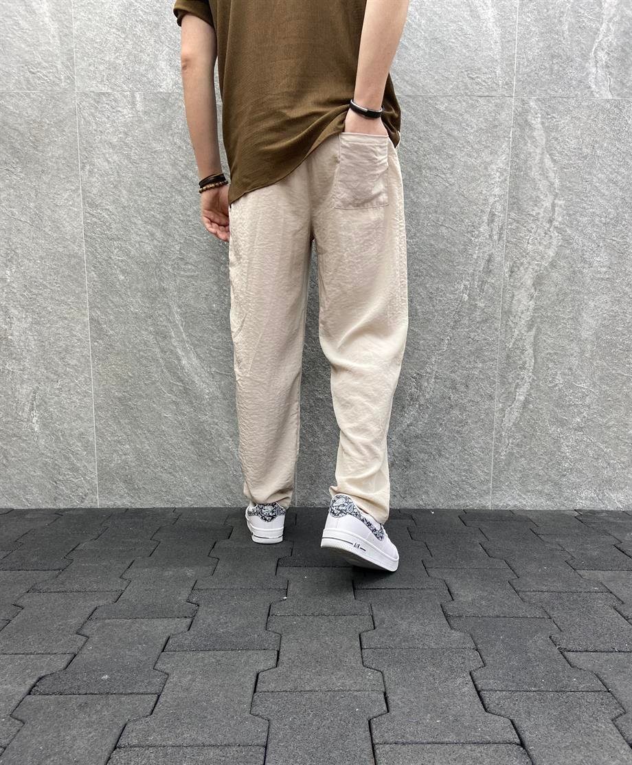 Rahat Kalıp Beli Lastikli Baggy Paraşüt Bej   Pantolon