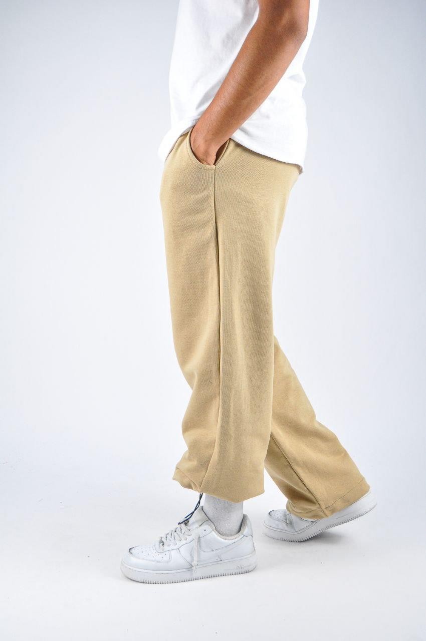 Beli Lastikli Paça Stoperli Bej  Pamuklu Baggy Pantolon