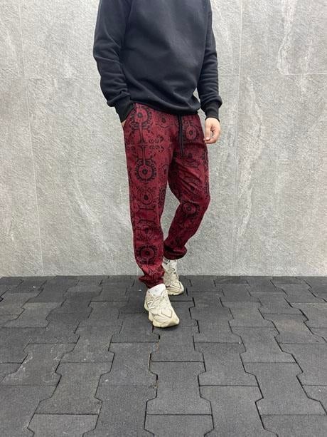 Beli Lastikli Aztek Desenli Pamuklu Kışlık Bordo Kaşe Pantolon