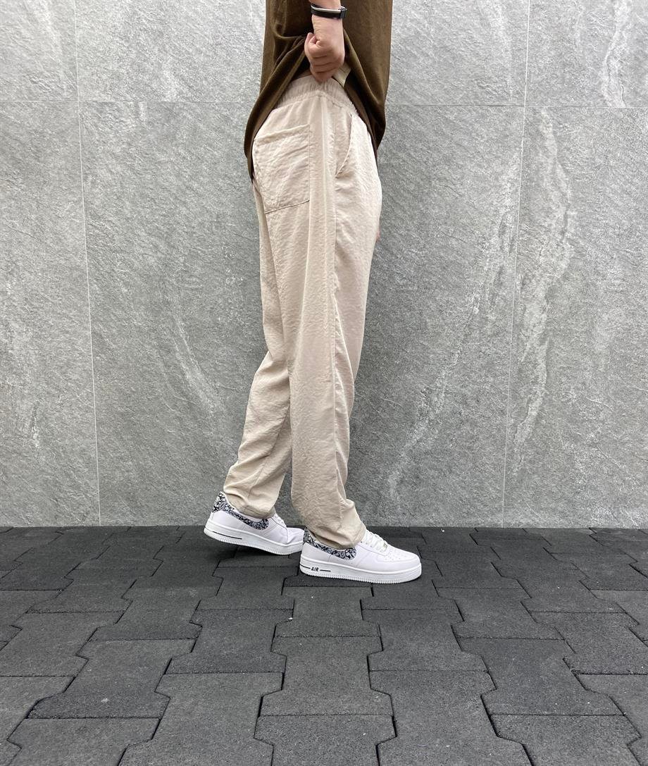 Rahat Kalıp Beli Lastikli Baggy Paraşüt Bej   Pantolon