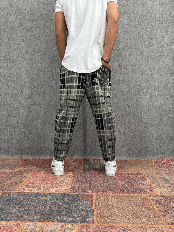  Beli Lastikli Ekoseli Baggy Pantolon