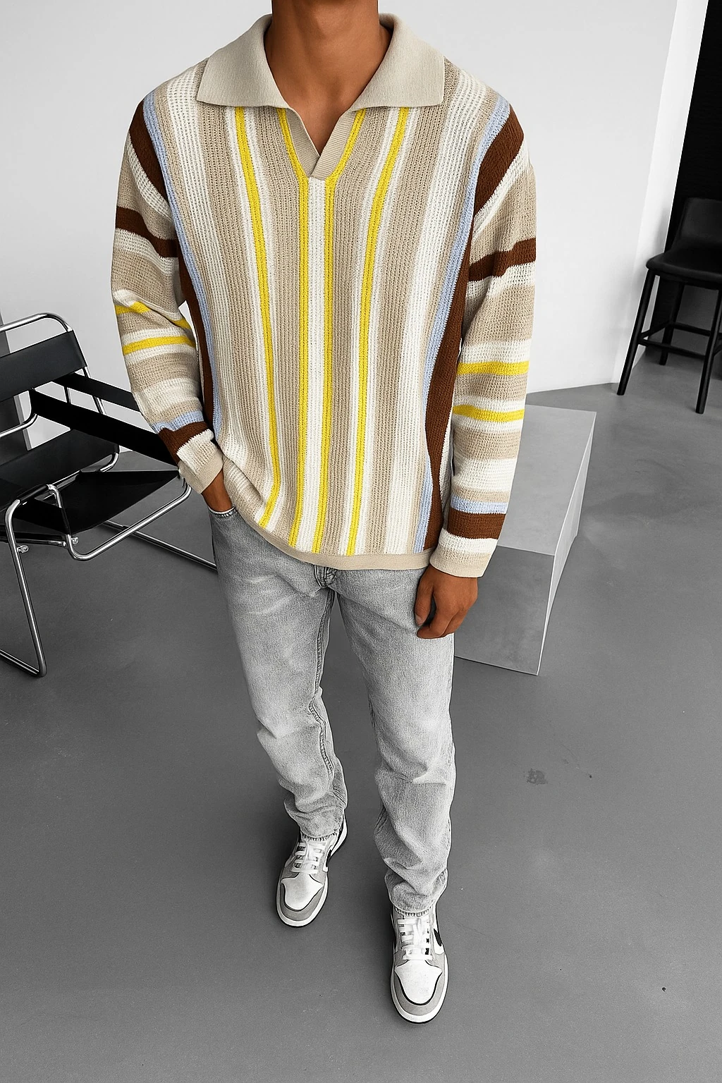 Oversize Long Çizgili Triko