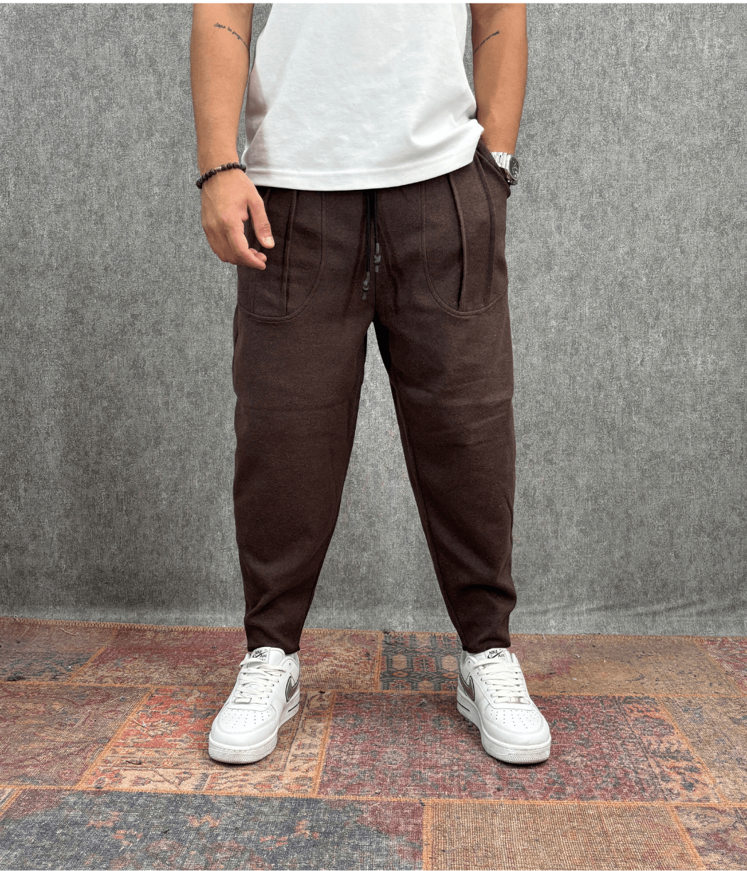 Beli Lastikli Kaşe Cep Nervür Detaylı Kahverengi Baggy Pantolon