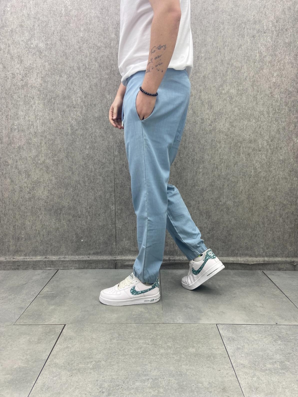 Bel Ve Paça Lastikli Soda Yıkamalı Pamuk Dokuma Mavi  Jogger