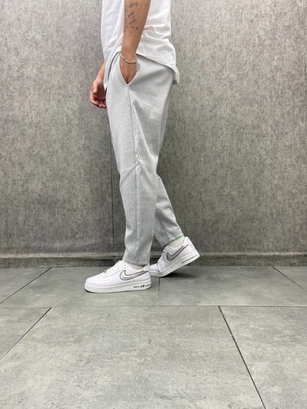 Beli Lastikli Düz Paça Gri Baggy Pantolon