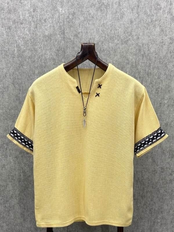 Oversize El İşi Detaylı Pamuk Keten Sarı Tshirt