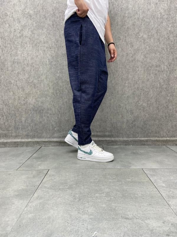 Beli Lastikli Pamuk Keten Baggy Lacivert Pantolon
