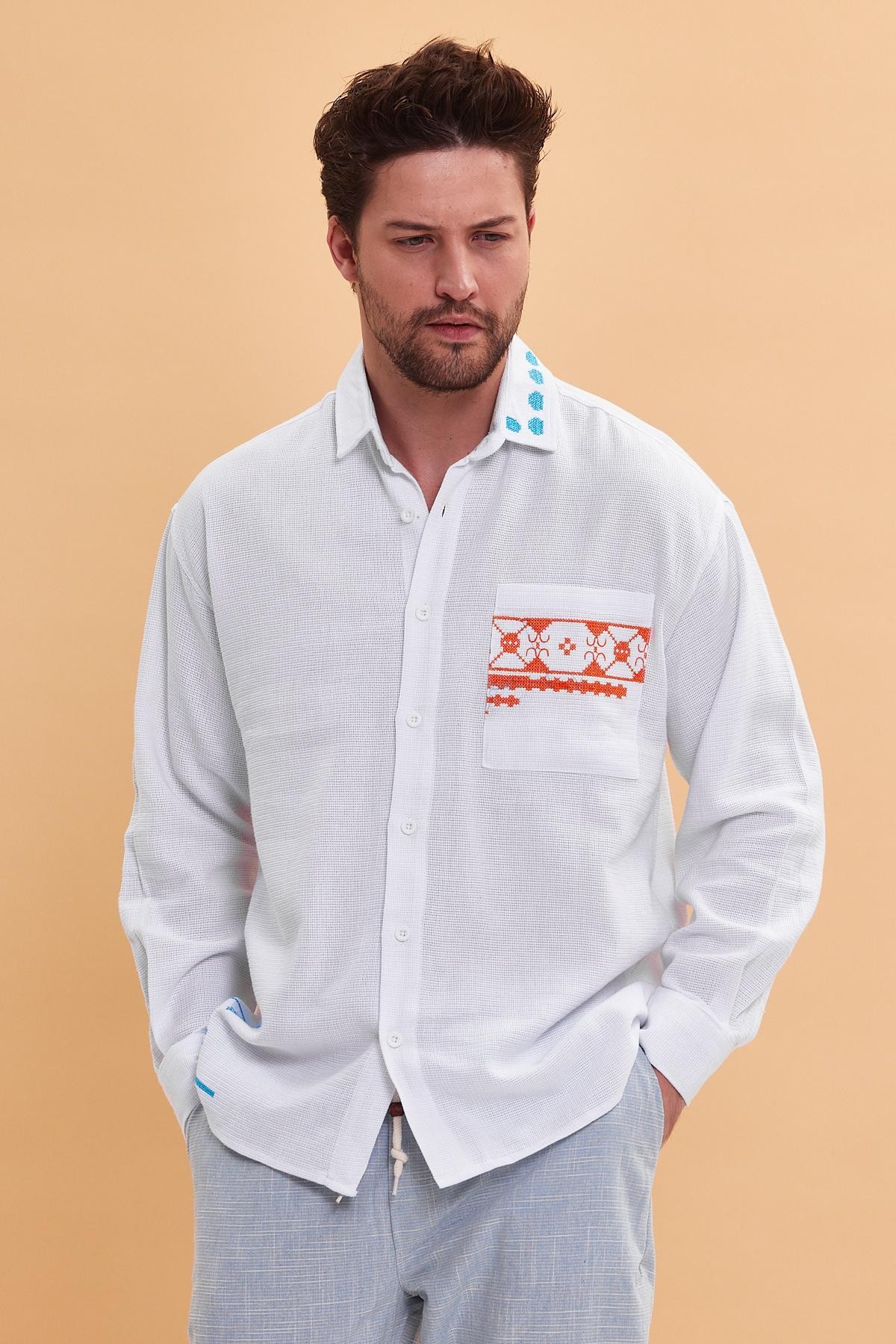 Oversize Authentic  Nakış Detaylı Bohem Pamuk Keten Beyaz  Gömlek