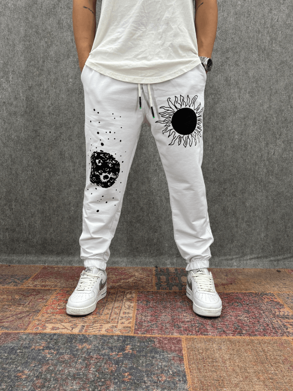 Beli Lastikli Baskılı Beyaz Jogger