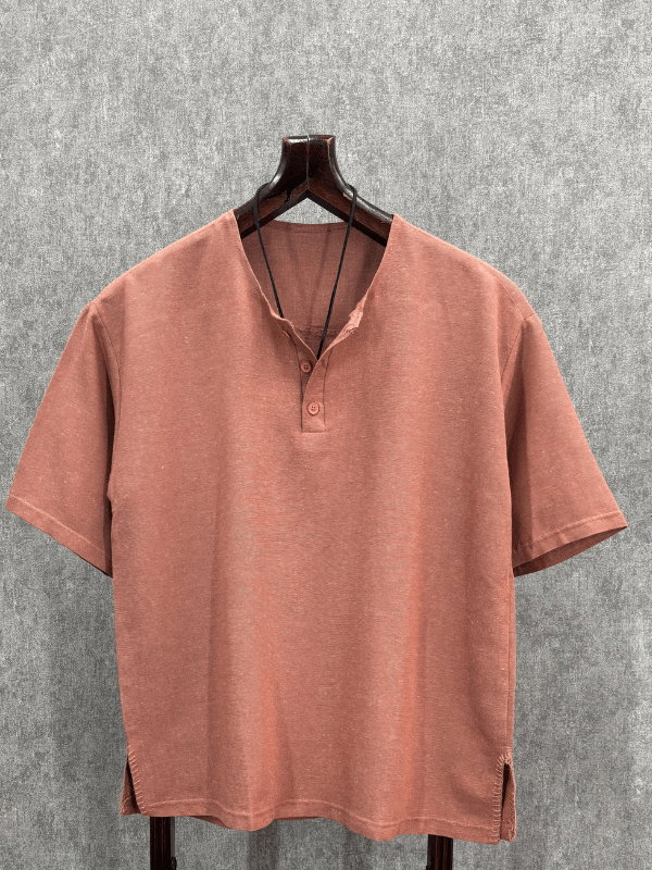 Oversize Nopeli Yırtmaç Detaylı Yarım Patlı Kiremit Pamuk Keten Tshirt 