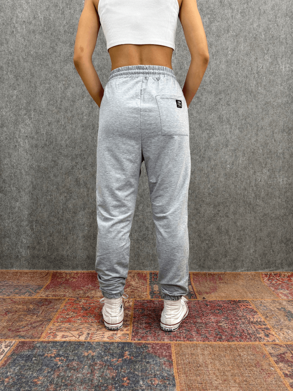 Bel ve Paça Lastikli Baskılı Gri Jogger