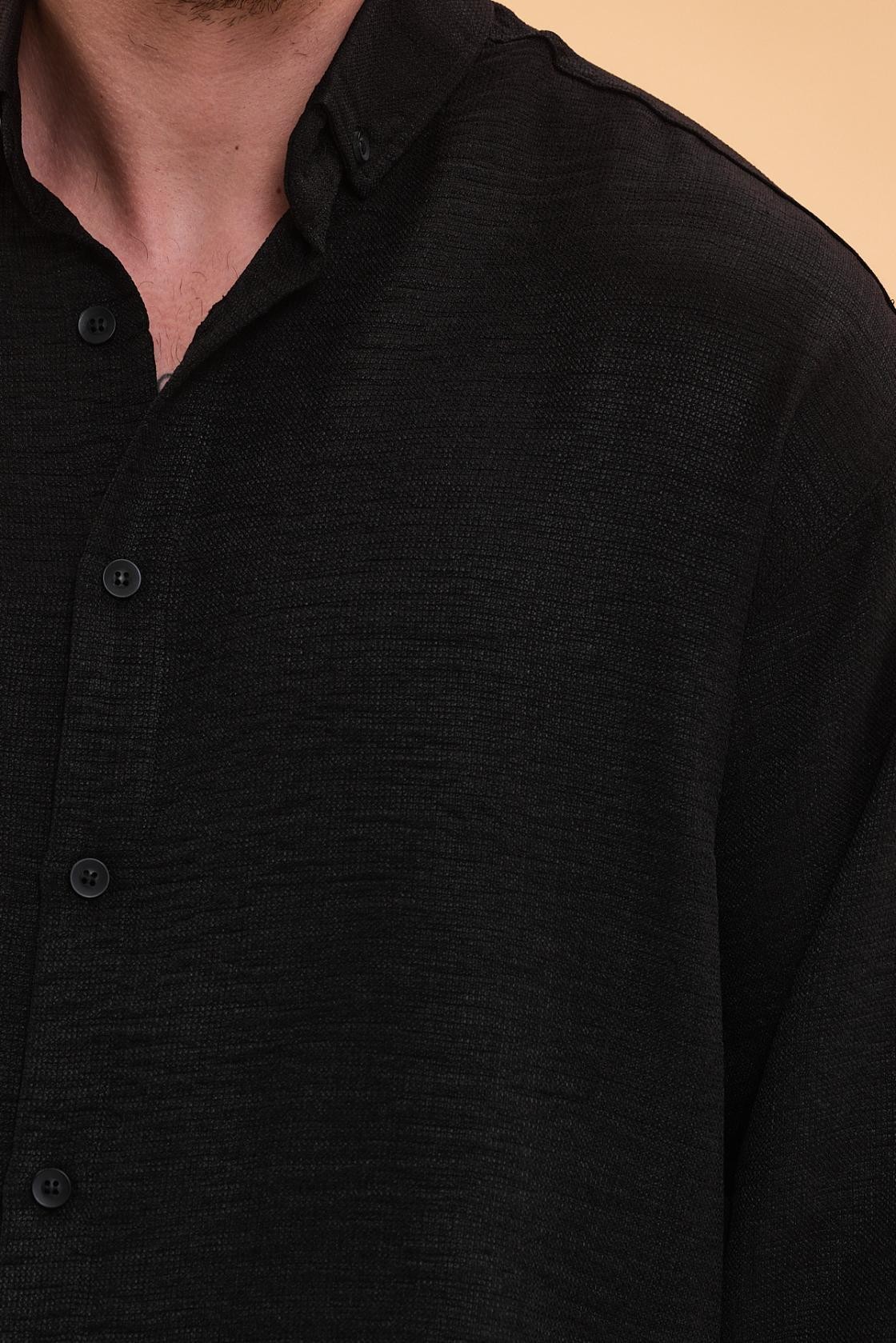 Oversize Yaka Düğmeli Siyah Pamuk Keten Gömlek