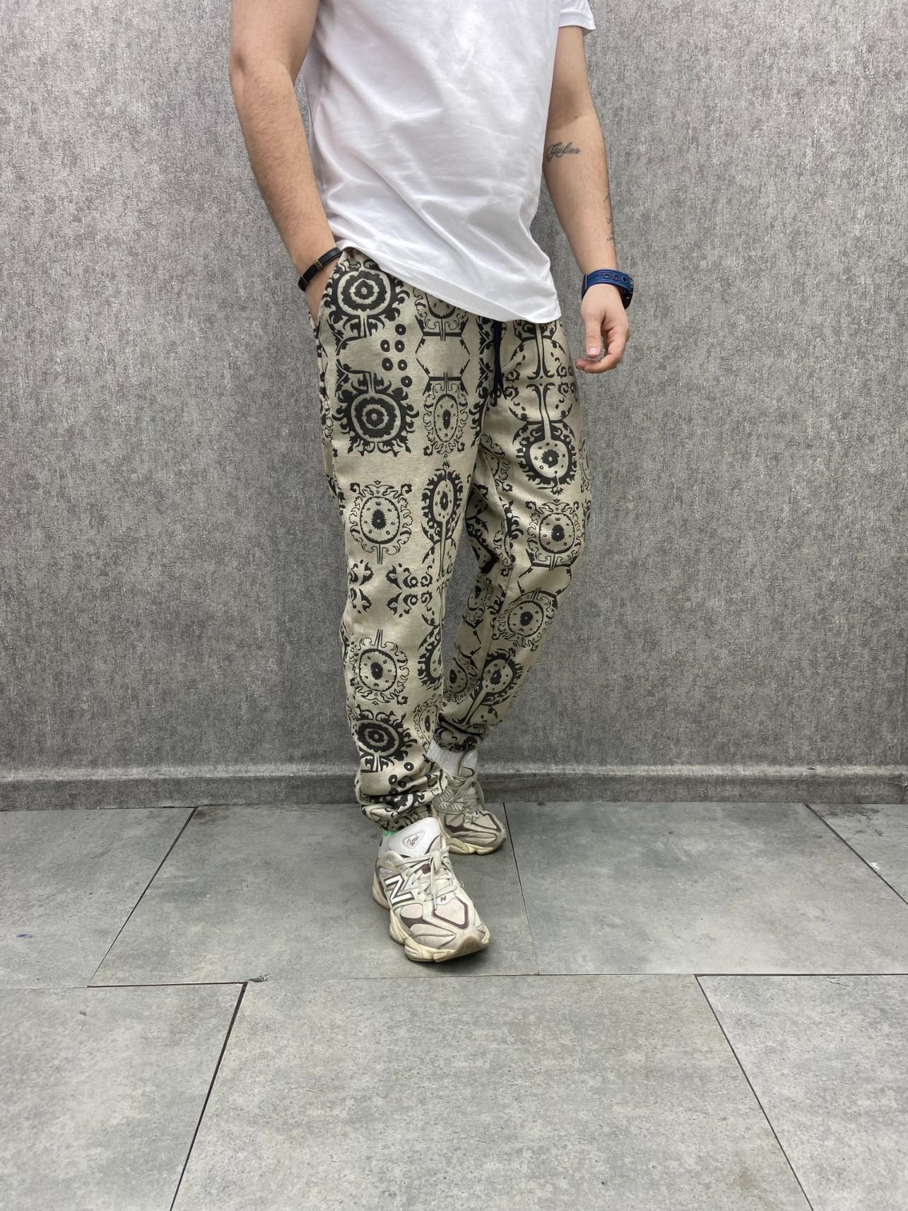 Beli Lastikli Aztek Desenli Pamuklu Kışlık Bej Pantolon