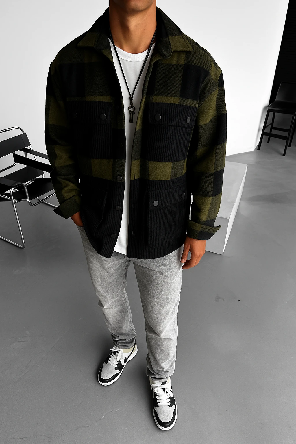 Oversize Pamuk Ekoseli Dört Cepli Gömlek 