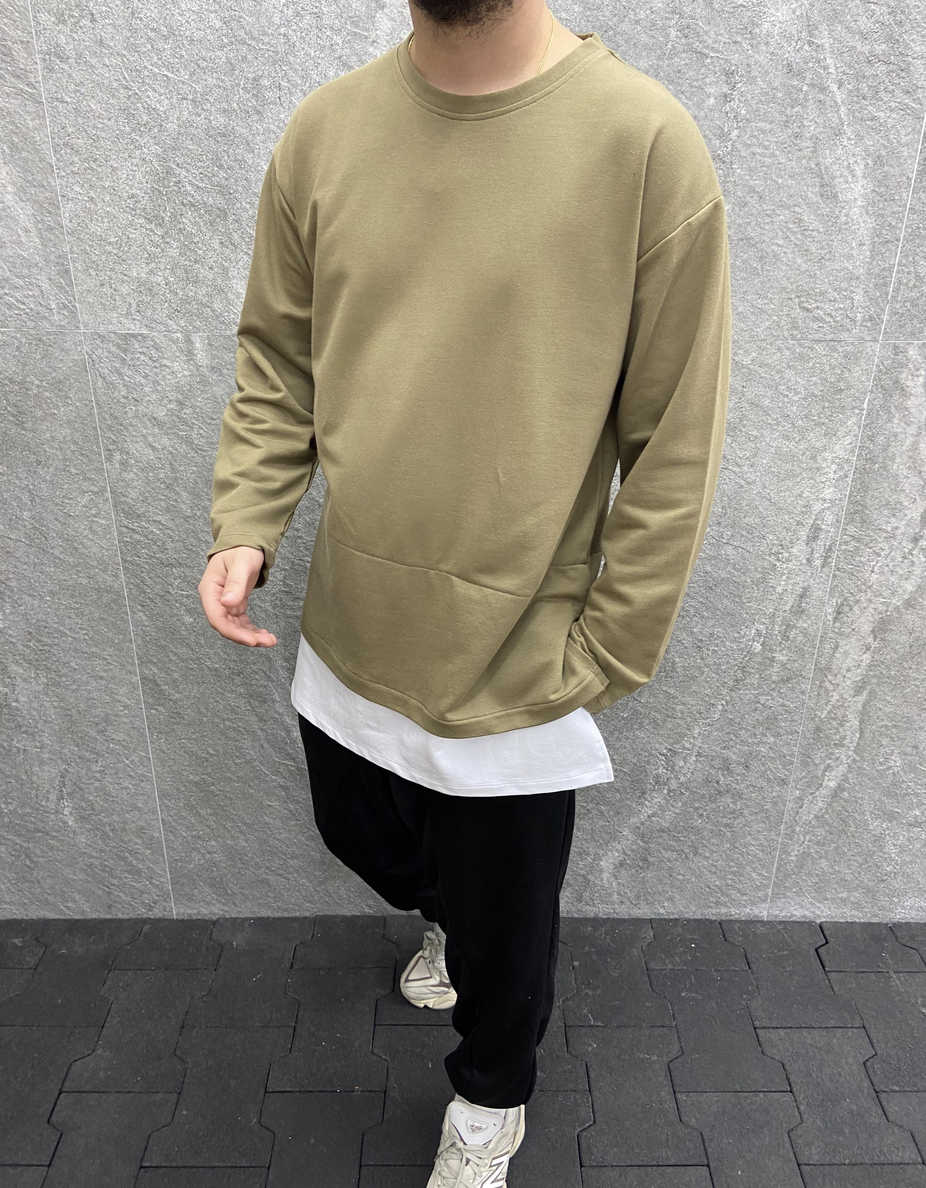 Oversize Beyaz Garnili Pamuklu  Haki Sweatshirt