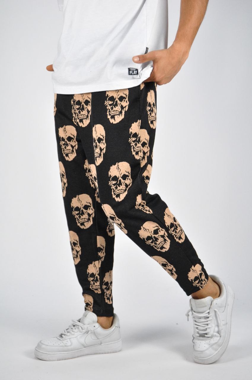 Beli Lastikli Skull Desenli Baggy Pantolon