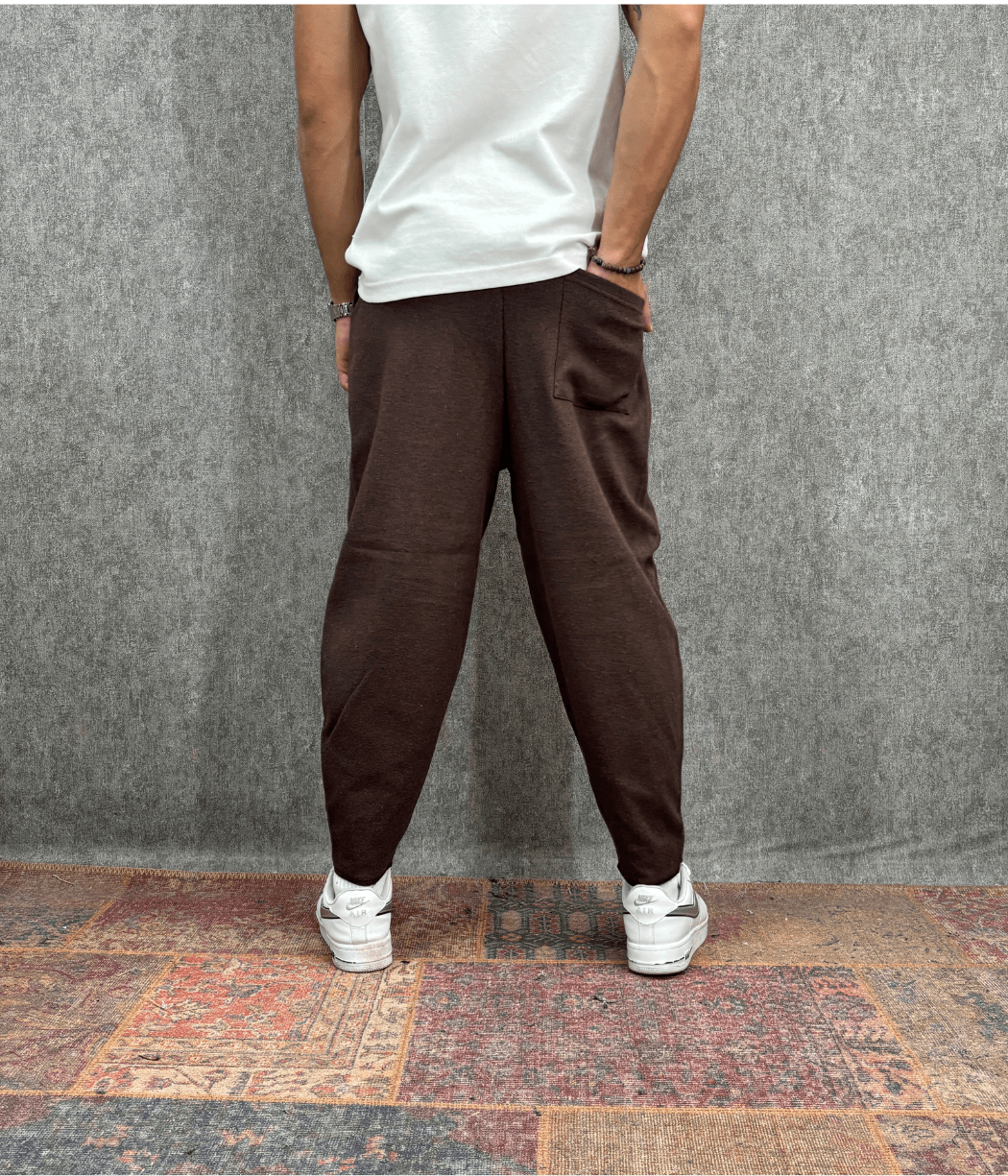  Beli Lastikli Kaşe Cep Nervür Detaylı Kahverengi Baggy Pantolon
