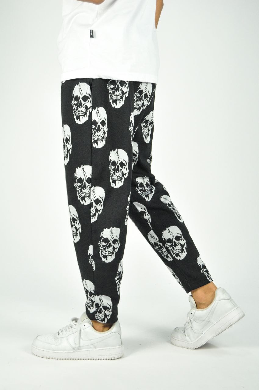 Beli Lastikli Skull Desenli Baggy Pantolon