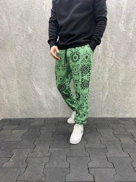 Beli Lastikli Aztek Desenli Pamuklu Kışlık Yeşil Kaşe Pantolon