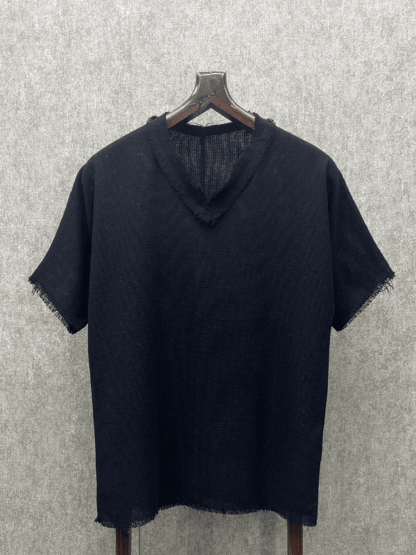 Oversize Bohem Pis Uç Yaka Yıkamalı Siyah Pamuk Keten T-Shirt