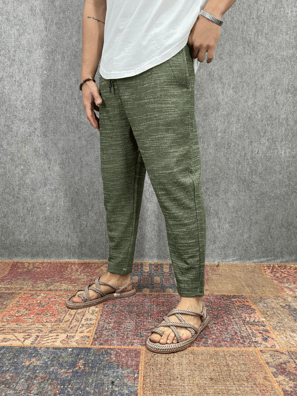 Beli Lastikli Pamuk Keten Haki Baggy Pantolon 