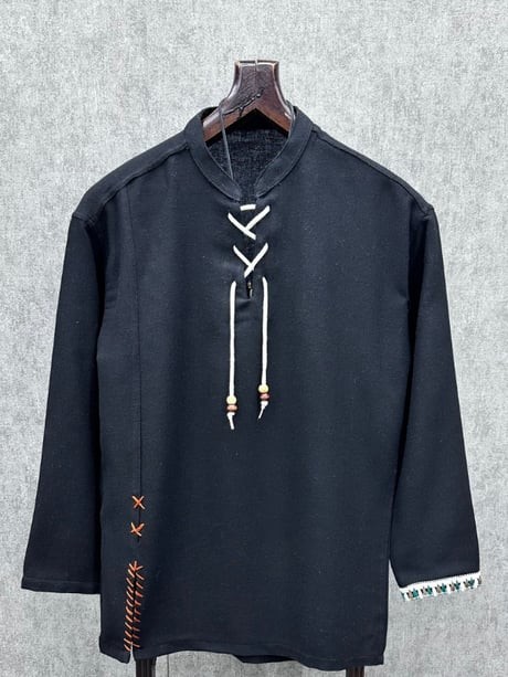 Oversize Long Boy Yıkamalı Pamuk Keten Siyah Bohem Tshirt