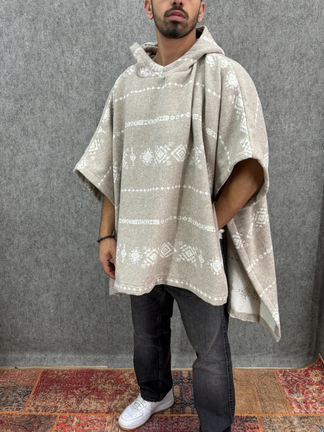 Oversize Kapüşonlu Desenli  Panço