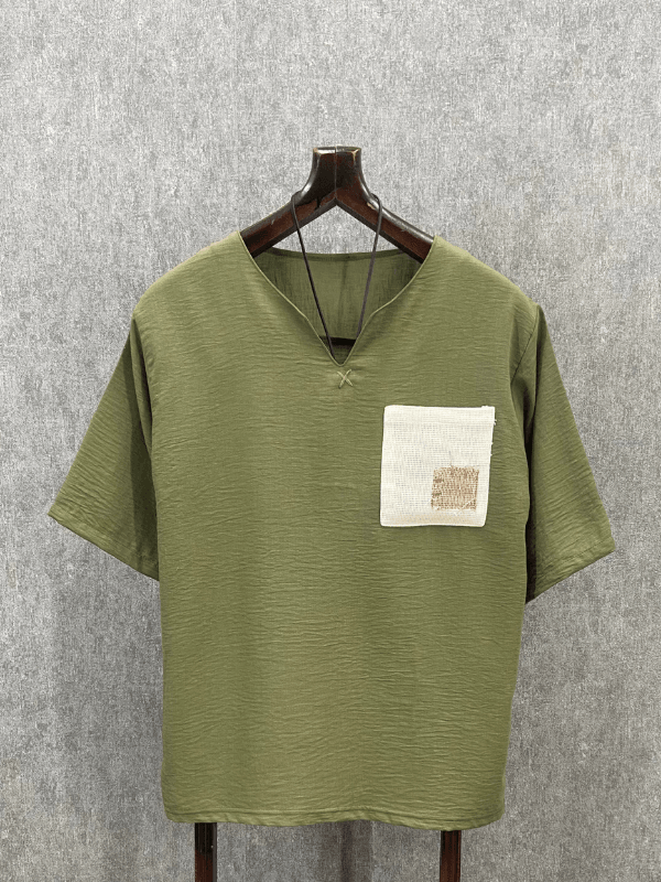Oversize El İşi Detaylı Bohem Pamuklu Haki Tshirt 