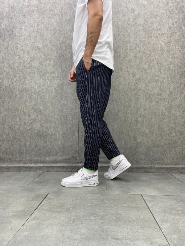 Beli Lastikli Düz Paça Çizgili  Baggy Pantolon