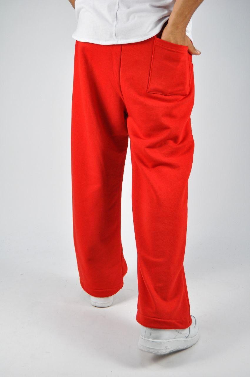 Beli Lastikli Paça Stoperli Kırmızı  Pamuklu Baggy Pantolon