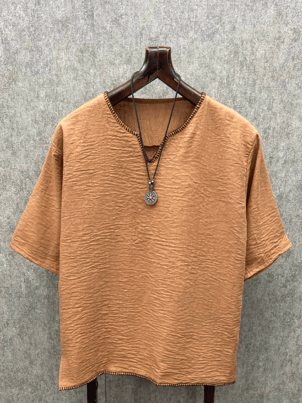 Süper Oversize Kroşatalı  Pamuk Keten Kahve Tshirt