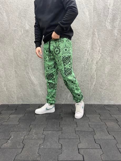 Beli Lastikli Aztek Desenli Pamuklu Kışlık Yeşil Kaşe Pantolon
