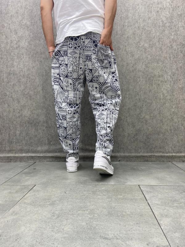 Beli Lastikli  Aztek Desenli Baggy Pantolon