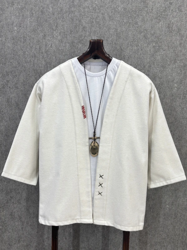 Oversize Fakir Kol Pamuklu El İşi Detaylı Kırık Beyaz Kimono