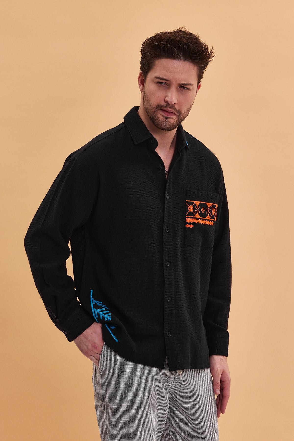 Oversize Authentic  Nakış Detaylı Bohem Pamuk Keten Siyah  Gömlek