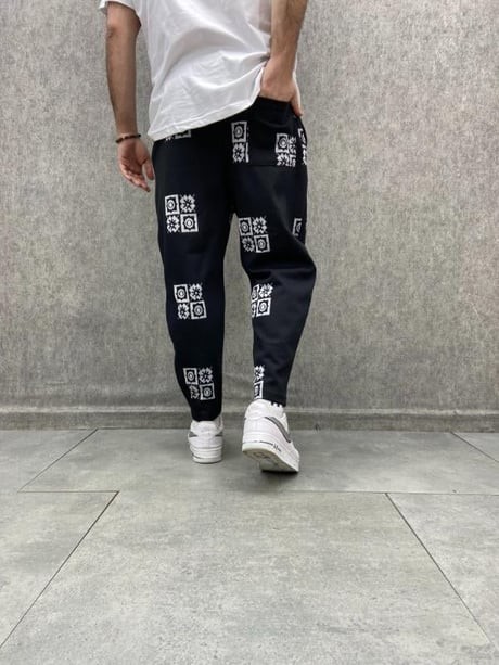 Beli Lastikli Desenli Siyah Baggy Pantolon